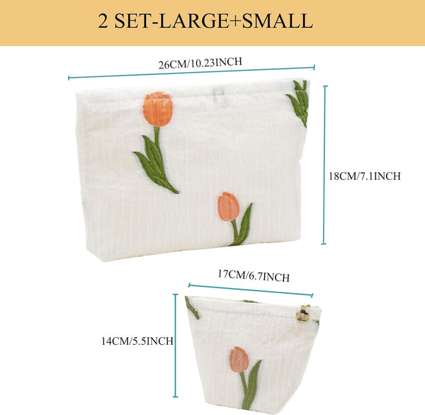 2 Pcs Makeup Bags, Large Cosmetic Bag Travel Toiletry Bag Organizer for Women, Embroidery Craft, Floral Makeup Bag Small Cosmetic Pouch Purse with