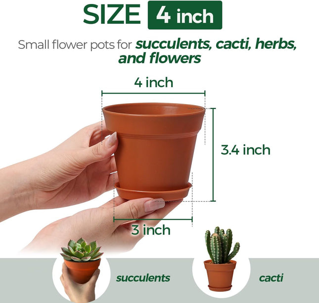 T4U 4 Inch Plant Pots 18-Pack, Small Flower Pots with Saucer and Drainage Hole, Durable Plastic Pots, Nursery Small Flow