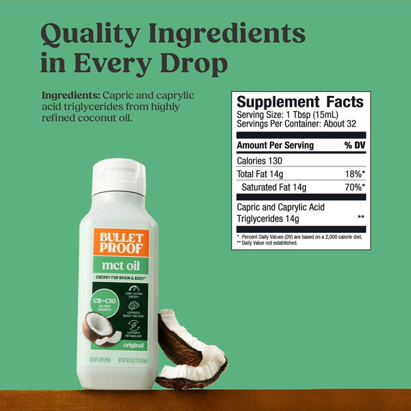 Bulletproof MCT Oil Made with C10 and C8 Oil, 16 Ounces, Keto Supplement for Sustained Energy, Brain and Body Fuel, Add to Coffee and Smoothies
