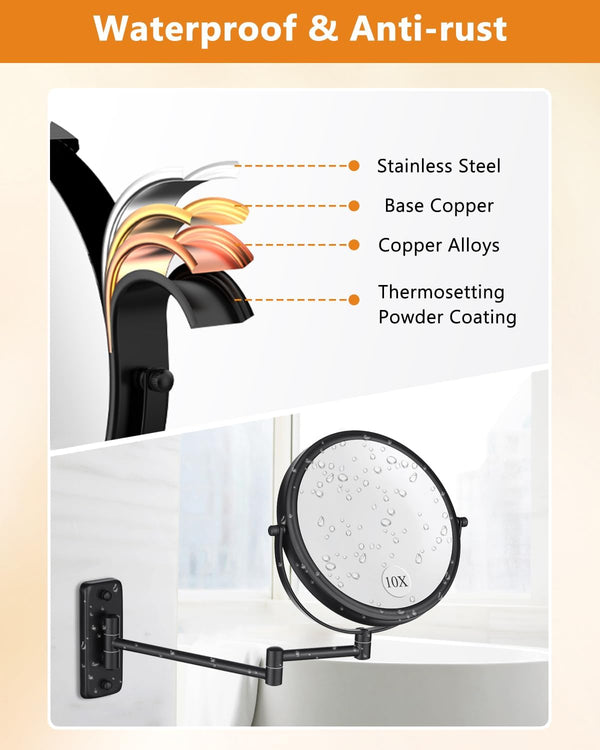 Wall Mounted Makeup Mirror - 1X/10X Magnifying Mirror for Wall, 8 Inch Double Sided 360Â° Swivel Extendable Bathroom Mirror for Shaving, Black