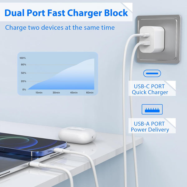 Ipad Charger 2 Pack 20W Dual Port QC + PD 3.0 Power Adapter Fast Wall Charger Block with 6FT&10FT Lightning Cord Cable for Ipad 9/8/ 7 Generation,