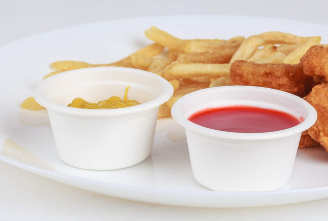 Golden Apple, 2oz-100ct Portion cups. Compostable Sugarcane/Bagasse. Biodegradable. Sample food cops.