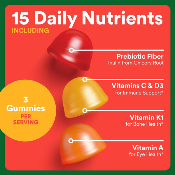 Smartypants Kids Multivitamin & Fiber Gummies: Prebiotic Fiber to Support Kids Digestion with Vitamin D3, C, Vitamin B12, B6, A, Zinc, Biotin,