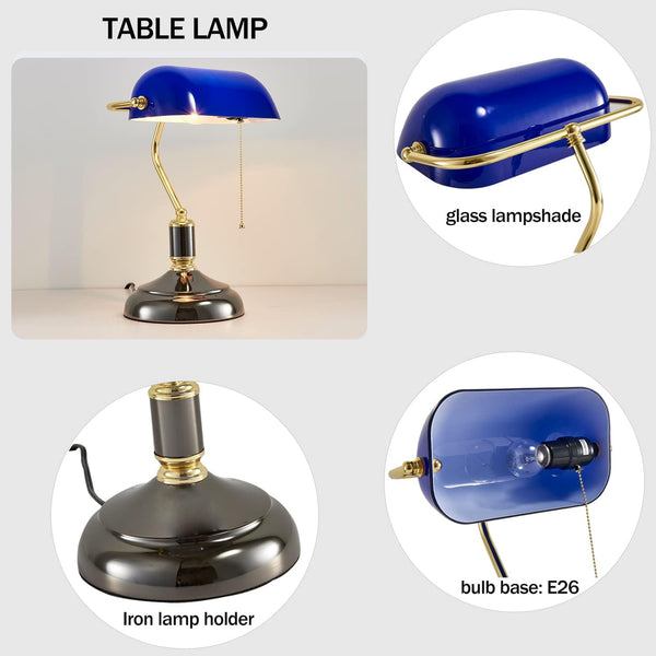 Traditional Bankers Lamp, Black Lamp Shade,With Pull Chain Switch Plug in Fixture,Vintage Office Table Light, Antique Style Desk Lamps for Office,