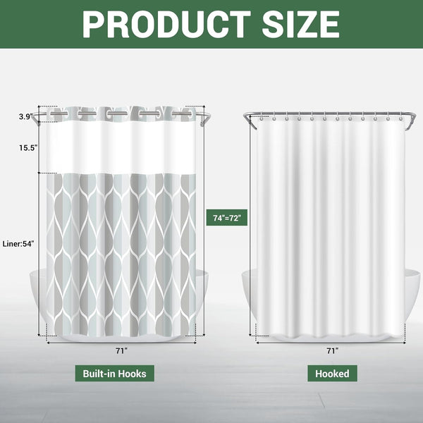 No Hook Grey Shower Curtain with Snap in Fabric Liner Set - Hotel Style with See through Mesh Top Window, Modern Geometric Waterdrop