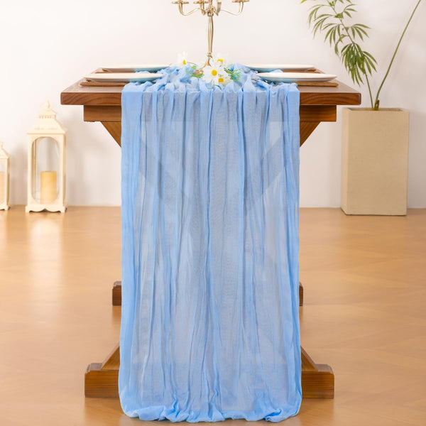 Socomi Blue Summer Cheesecloth Table Runner Light Blue Boho Rustic Gauze 120 Inch 10FT Cheese Cloth Runner for Wedding Party Baby Shower Birthday