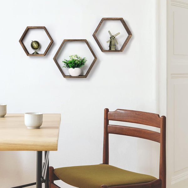 Hexagon Floating Shelves Set of 6 Farmhouse Honeycomb Wall Storage Shelf Wood Display Hexagonal Shelves Wall Mounted Hanging Rustic Shelf Racks