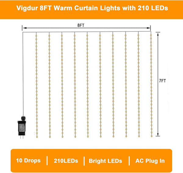Vigdur Led Curtain String Lights, 8FT Window Fairy Lights for Bedroom with 210 Warm LEDs, Hanging Twinkle Indoor String Light for Party Wedding