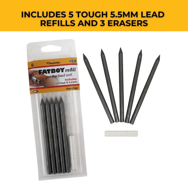 Fastcap Fatboy Refill with 5 Replacement Leads and 3 Erasers - Perfect for Architecture Supplies and Construction Tools for Home Improvement - 5.5