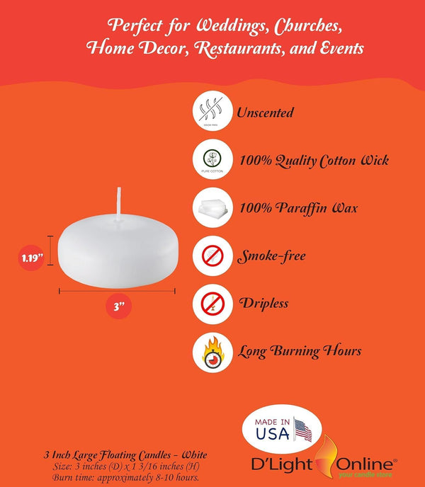 D'Light Online Large White Floating Candles 3 Inch Wax Discs for Events, Weddings, Spa, Home Decor, Special Occasions, Cylinder Vases,