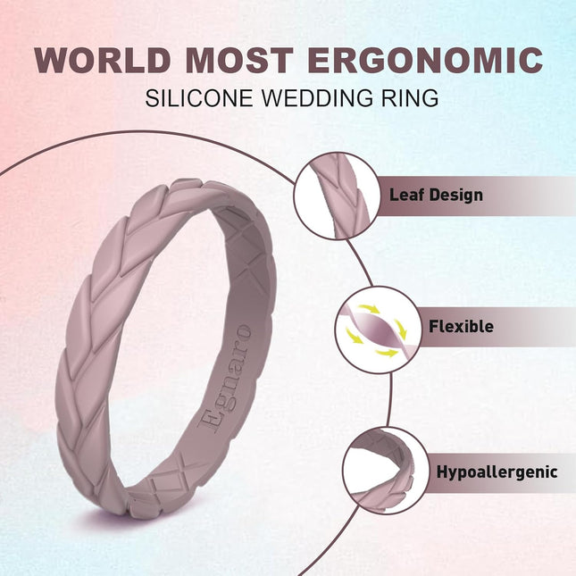 Egnaro Silicone Wedding Rings for Her, Women'S Rubber Bridal Sets Thin Bands, Stackable Leaves Braided Design with Breat