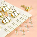 Gold Paper Clips and Binder Clips Set, Metal Assorted Sized Binders with Push Pins, Cute Gold Office Supplies for Desk, Desk Accessories