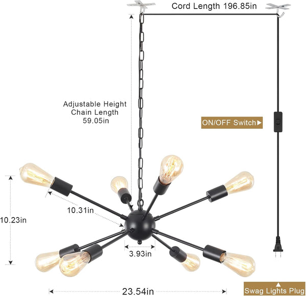 8 Lights Plug in Chandelier Sputnik Ceiling Light Fixture Black Hanging Lights with Plug in Cord 16.4ft Sputnik Chandeliers for Dining Room Living