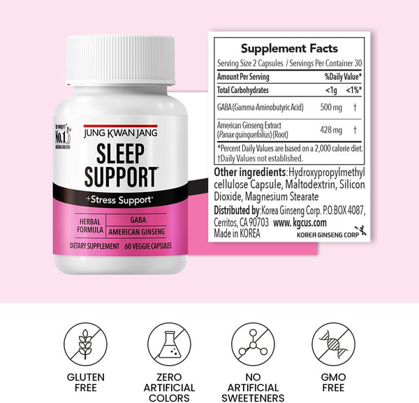 Jungkwanjang Sleep Support GABA Complex 500Mg with American Ginseng - Sleep Aid Supplement for Meditation Support, Better Sleep, and Increased