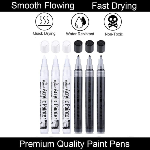Black Paint Pens, 6 Pack 0.7Mm Acrylic Black Permanent Marker ,White Paint Pens for Rock Painting, Stone,Wood, Plastic, Ceramic, Glass, Metal
