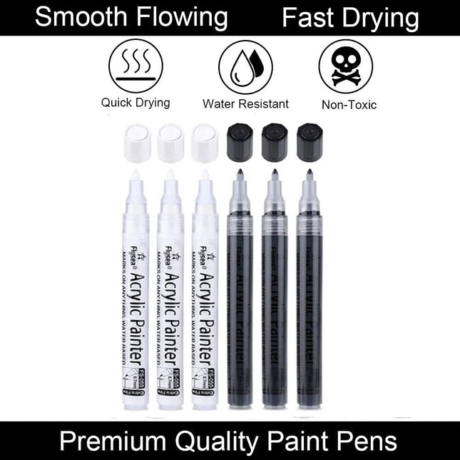 Black Paint Pens, 6 Pack 0.7Mm Acrylic Black Permanent Marker ,White Paint Pens for Rock Painting, Stone,Wood, Plastic, 