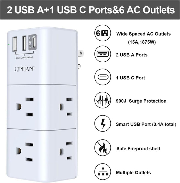 USB Outlet Extender Surge Protector - QINLIANF Rotating Plug, 3-Sided Swivel Power Strip, 6 AC Spaced Outlet Splitter and 3 USB Ports (1 USB C)