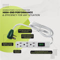 Go Green Power Inc. 2.5Ft 3-Outlet Power Strip - Compact, Durable, Ideal for Travel & Home Use with Right-Angled Plug and Circuit Breaker - GG-13002MS