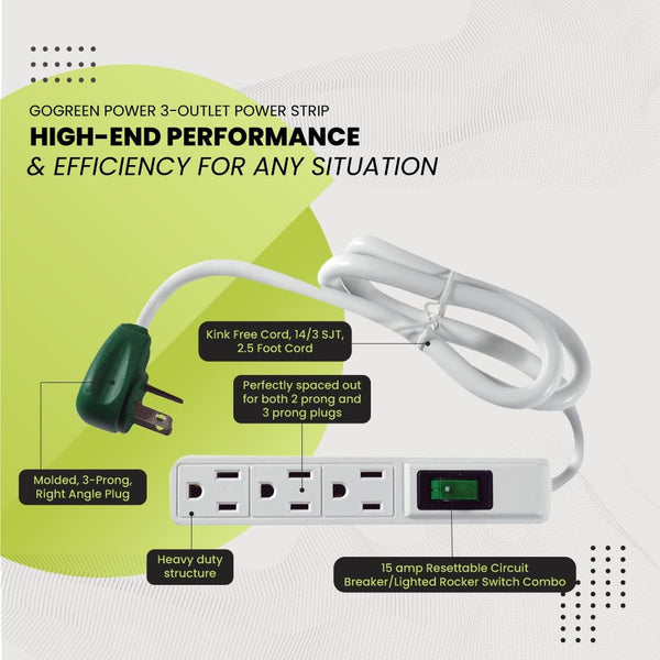 Go Green Power Inc. 2.5Ft 3-Outlet Power Strip - Compact, Durable, Ideal for Travel & Home Use with Right-Angled Plug and Circuit Breaker - GG-13002MS