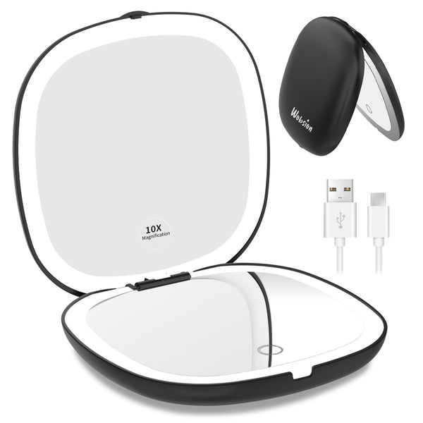 Wobsion Travel Mirror with Light, Rechargeable 1X/10X Compact Magnifying Mirror, Dimmable Pocket Mirror,Handheld 2-Side Mirror with Light,4Inch