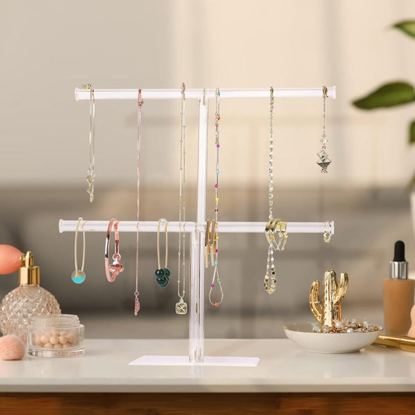 Jewelry Stand Necklace Holder, Acrylic Jewelry Display Holder, Necklace and Bracelet Hanging Organizer, Clear 2-Tier Tower Stand for Bangles,