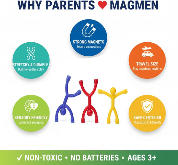 MAGMEN Magnetic Travel Toys, Stretchy, Fun, and Educational Fidget Toys for Kids and Adults Ages 3 and up Pack of 10 Solid