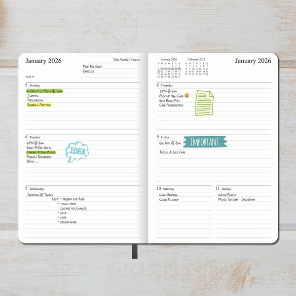 2025-2026 Planner - Weekly and Monthly Planner, July 2025 - June 2026, Holidays, Contacts and Notes Pages, Vegan Leather Cover, Elastic Closure,
