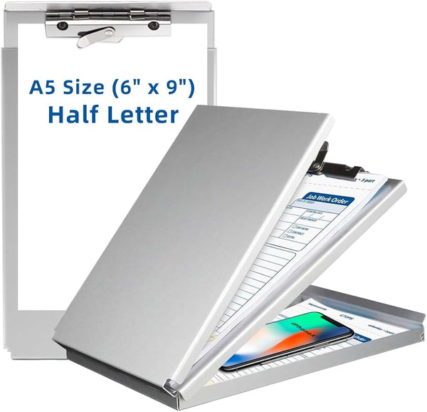 Sunnyclip Aluminum Clipboard with Storage(Memo Size), Recycled Metal Form Holder Binder Fits Paper Size up to 5.66 X 9.5 Inches, A5 Size