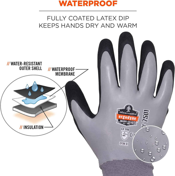 Ergodyne Proflex 7501 Coated Waterproof Winter Work Gloves Gray, Medium, 1 Pair