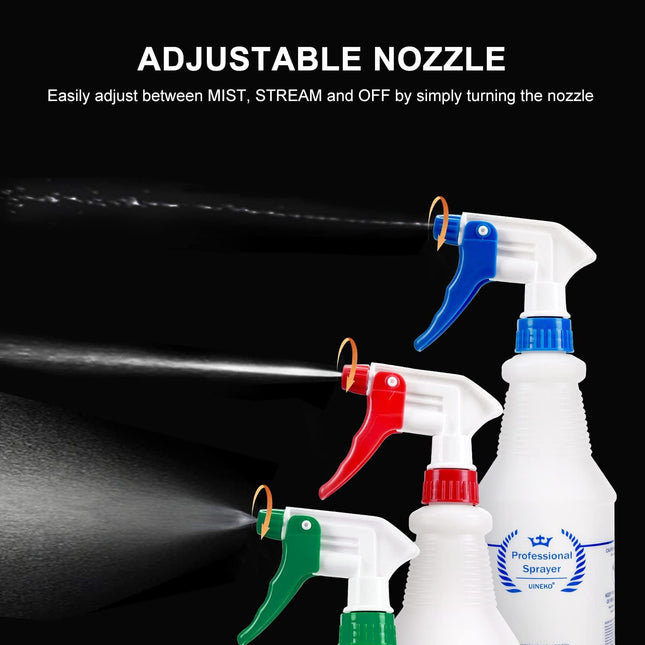 Plastic Spray Bottle (3 Pack, 24 Oz, 3 Colors) Heavy Duty All-Purpose Empty Spraying Leak Proof Mist Water Bottles for C