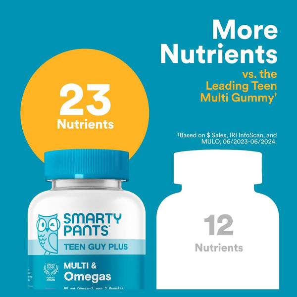 Smartypants Teen Guy Multivitamin Gummies - Improved Formula: Omega 3 (DHA/EPA), Vitamin D3, C, Vitamin B12, B6, A, K & Zinc, Folate, Gluten Free,
