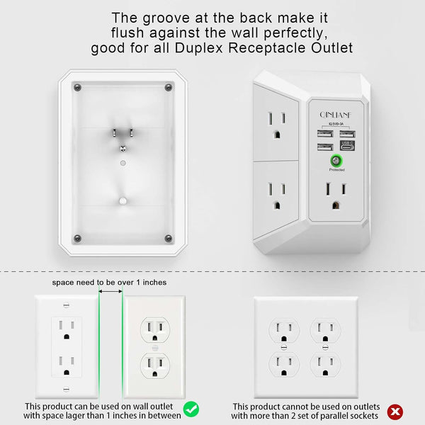 Wall Charger, Surge Protector, QINLIANF 5 Outlet Extender with 4 USB Charging Ports (4.8A Total) 3-Sided 1680J Power Strip Multi Plug Adapter