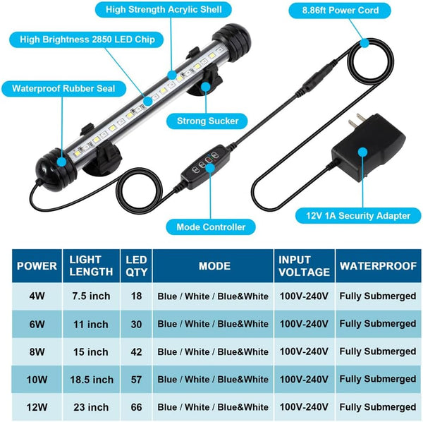 4W 7.5Inch Submersible Aquarium Light Underwater Fish Tank Light LED Aquarium Light Bar with Timer Auto On/Off and Dimmer Adjustable Brightness, 1