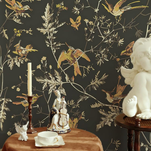 Peel and Stick Wallpaper Vintage Bird Wallpaper Removable Contact Paper Brown Self Adhesive Decorative Wall Covering Vin