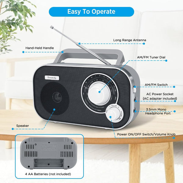 DreamSky AM FM Portable Radio Plug In Wall or Battery Operated for Home & Outdoor, Strong Reception & Sound, Large Dial Easy to Use, Transistor