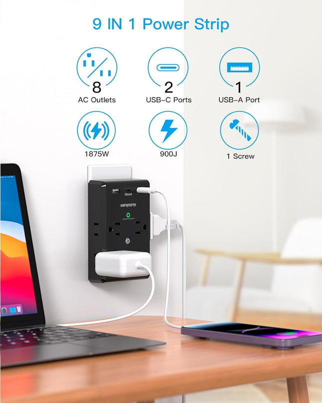 Surge Protector Outlet Extender with USB C Ports, HANYCONY 3 Sided Power Strip with 8 Outlets Splitter and 3 USB Wall Ch