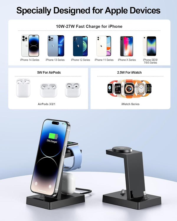 Charging Station for Multiple Devices - ADADPU 3 in 1 Charger Stand for Apple Watch Series 8/7/6/5/4/3/2/SE Phone Charging Dock for Airpods Iphone