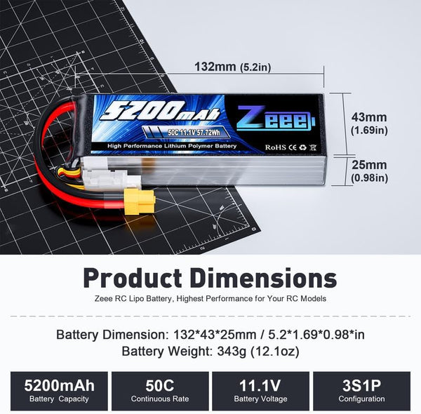 Zeee 3S Lipo Battery 5200Mah 50C 11.1V RC Batteries with XT60 Connector Soft Case for RC Airplane Helicopter Plane Quadcopter RC Car Truck Boat
