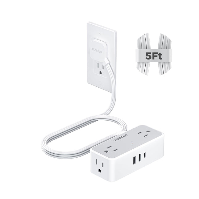 Flat Plug Extension Cord 5 FT, TESSAN Surge Protector Power Strip with 4 AC Outlets 1 USB C and 2 USB a Ports, 900 Joule