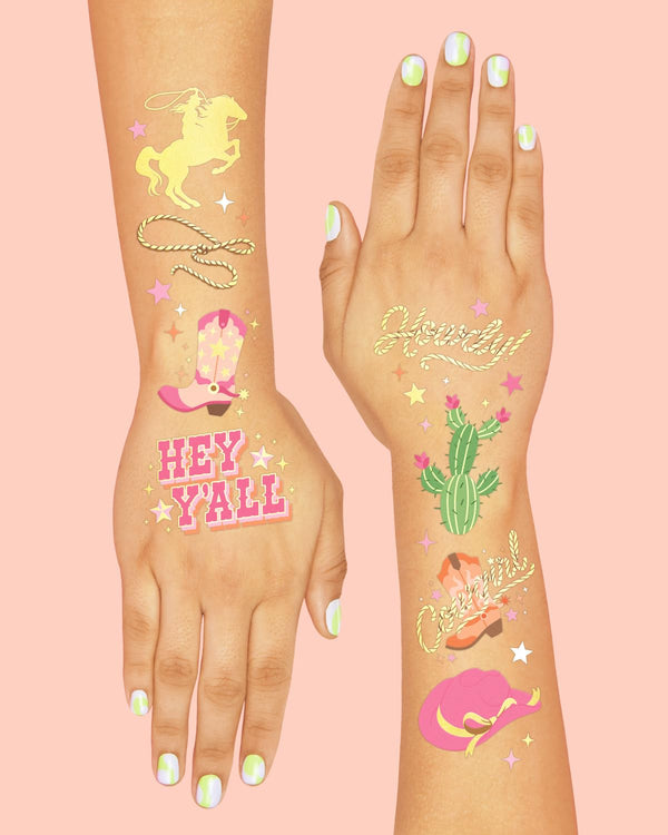 Xo, Fetti Cowgirl Temporary Tattoos - 50 Gold Foil Styles | Birthday Party Decorations, Giddy up Cowgirl Accessory, Rodeo Western Theme Favor,