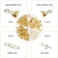 Gold Paper Clips and Binder Clips Set, Metal Assorted Sized Binders with Push Pins, Cute Gold Office Supplies for Desk, Desk Accessories