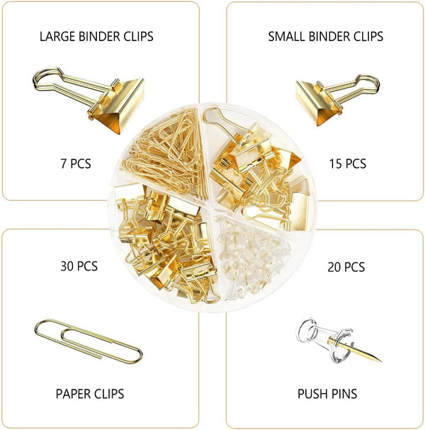 Gold Paper Clips and Binder Clips Set, Metal Assorted Sized Binders with Push Pins, Cute Gold Office Supplies for Desk, Desk Accessories