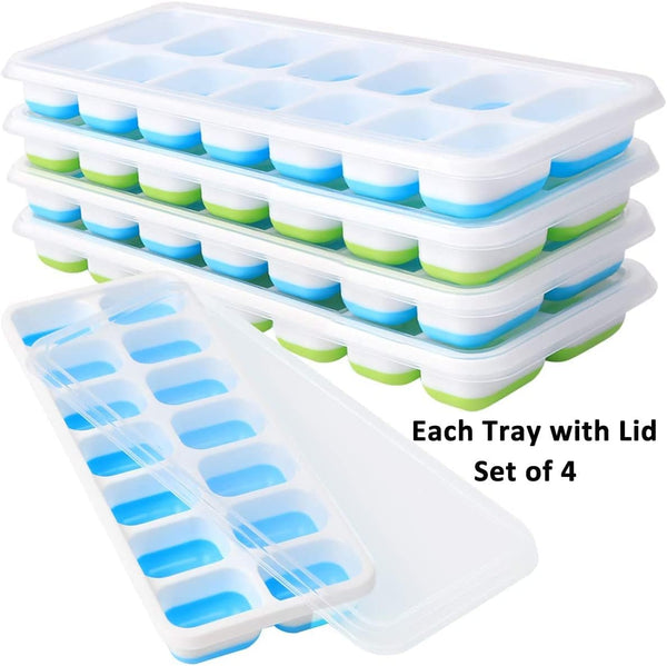 Ice Cube Tray with Lids BPA Free, 4 Pack - 56 Ice Flexible Easy Release Silicone Ice Tray for Freezer Stackable No Spill Ice Tray Dishwasher Safe