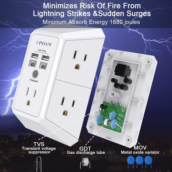 USB Wall Charger, Surge Protector, QINLIANF 5 Outlet Extender with 4 USB Charging Ports (4.8A Total) 3-Sided 1680J Power Strip Multi Plug Outlets