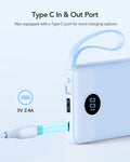 VRURC 10000Mah Power Bank Built-In Cables, Portable Charger with LED Display, Slim Travel Battery Pack with Cords, 5 Output Dual Input Phone