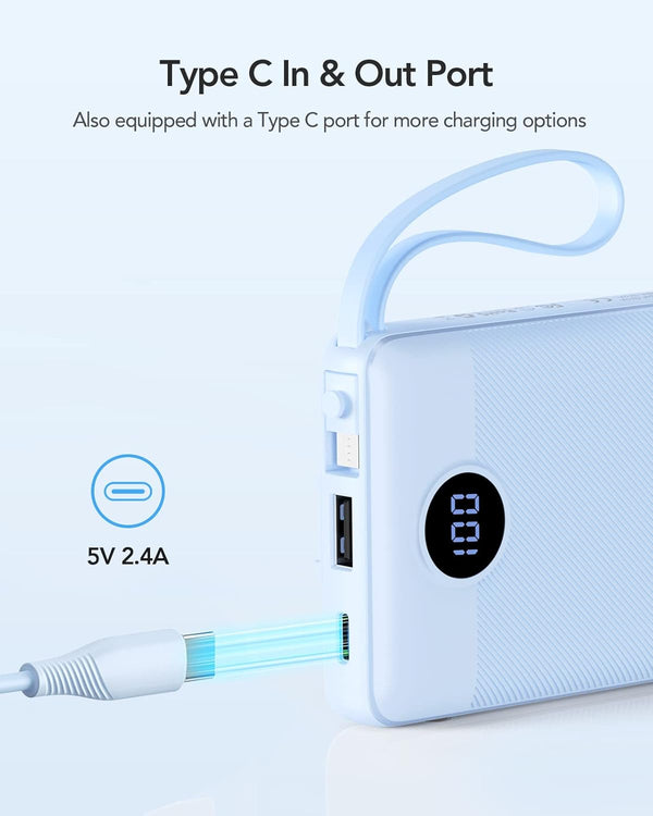 VRURC 10000Mah Power Bank Built-In Cables, Portable Charger with LED Display, Slim Travel Battery Pack with Cords, 5 Output Dual Input Phone