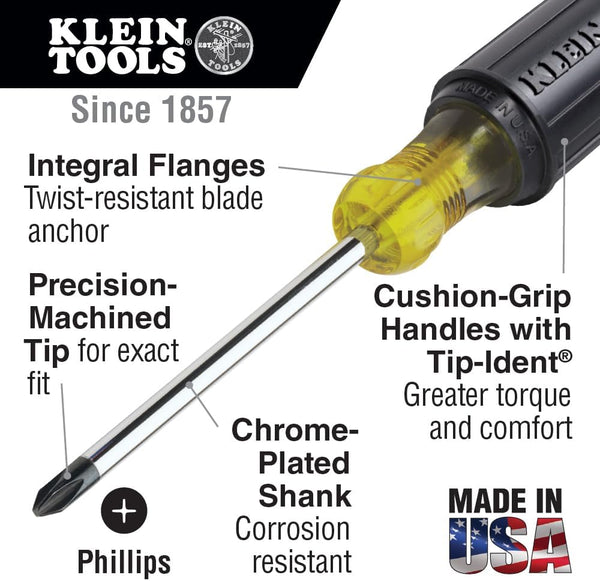 Klein Tools 603-4 Screwdriver, Made in USA, #2 Phillips Tip, Cushion Grip, Precision Machined Electrician Screwdriver, Home Improvement 4'' #2