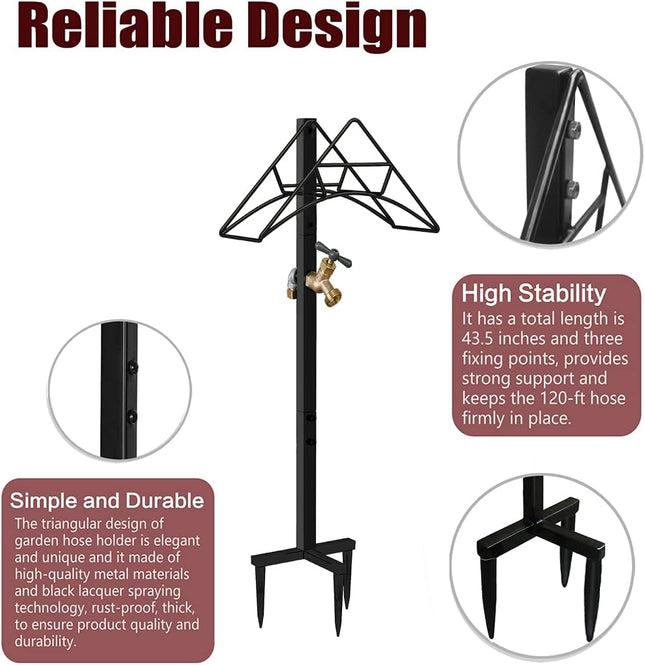 Outdoor Hose Holder Stand with Brass Spigot Faucet - Freestanding Metal Water Pipe Extension Hanger Stake Heavy Duty Sto