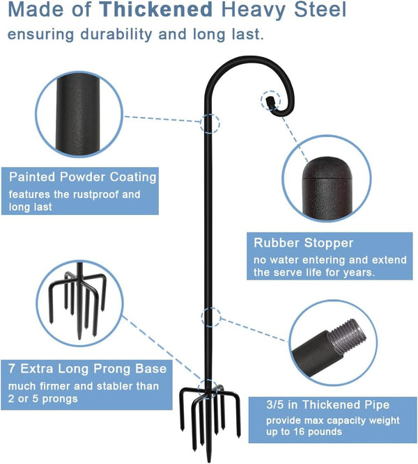 76 Inch Outdoor Shepherd Hook with 7 Prong Base (1 Pack), Adjustable Heavy Duty Garden Hanging Stake for Bird Feeder Solar Light Plant Hanger