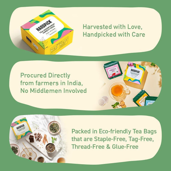 HANDPICK, Tea Bags Sampler Assortment Variety pack Gift Box 8 Flavors, 40 Tea Bags - Perfect Variety | English Breakfast, Green, Black, Herbal &